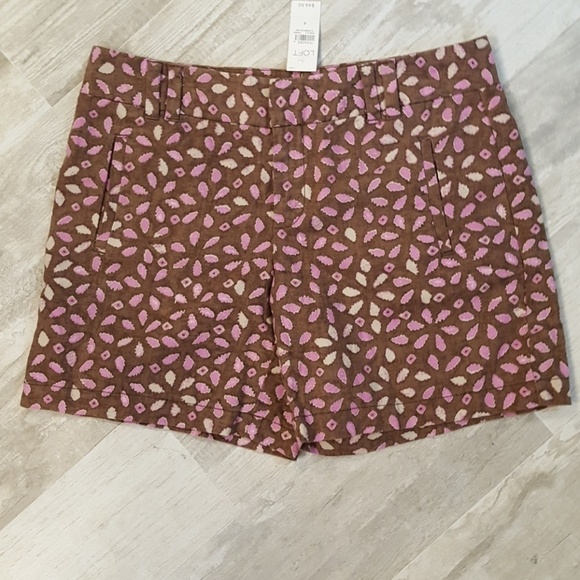 LOFT Pants - Ann Taylor Loft Linen Blend Brown & Pink Print Shorts - NWT Sz 4